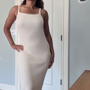 Elegant Cream Ribbed Knit Dress